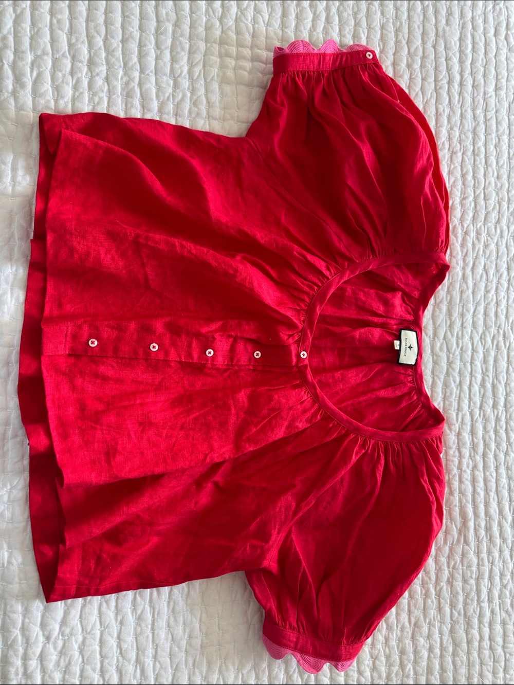 Women's Tuckernuck Bright Red Puff-Sleeve Button Front Linen Top- Size S